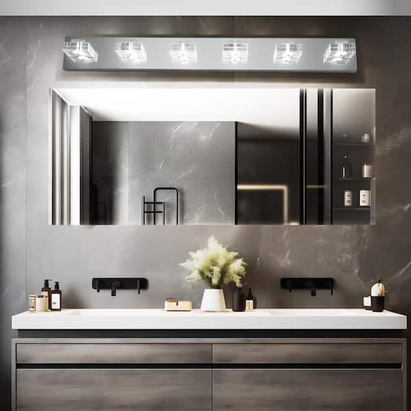 38in. 6 Lights Chrome LED Vanity Light, Square Acrylic Shades, Wall Mounted Bathroom Lighting Fixture for Mirror