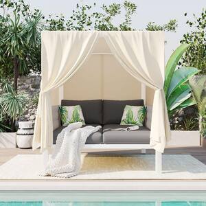 Beige Wicker Woven Rope Outdoor Day Bed with CushionGuard Gray Cushions