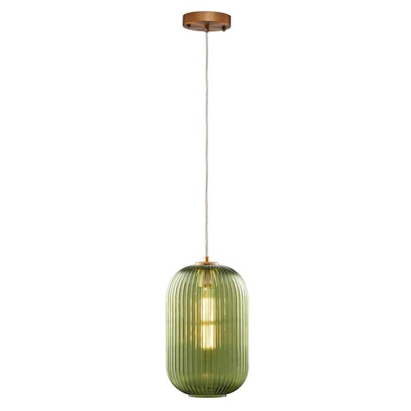 CARRO Cygnus 1-Light Light Green Pendant with Cylinder Ribbed Glass Shade