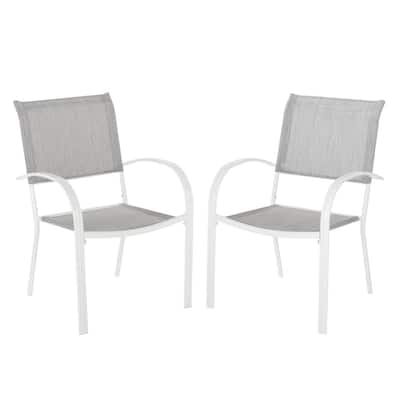 Mix and Match White Stackable Sling Outdoor Dining Chair in Wet Cement (2-Pack)