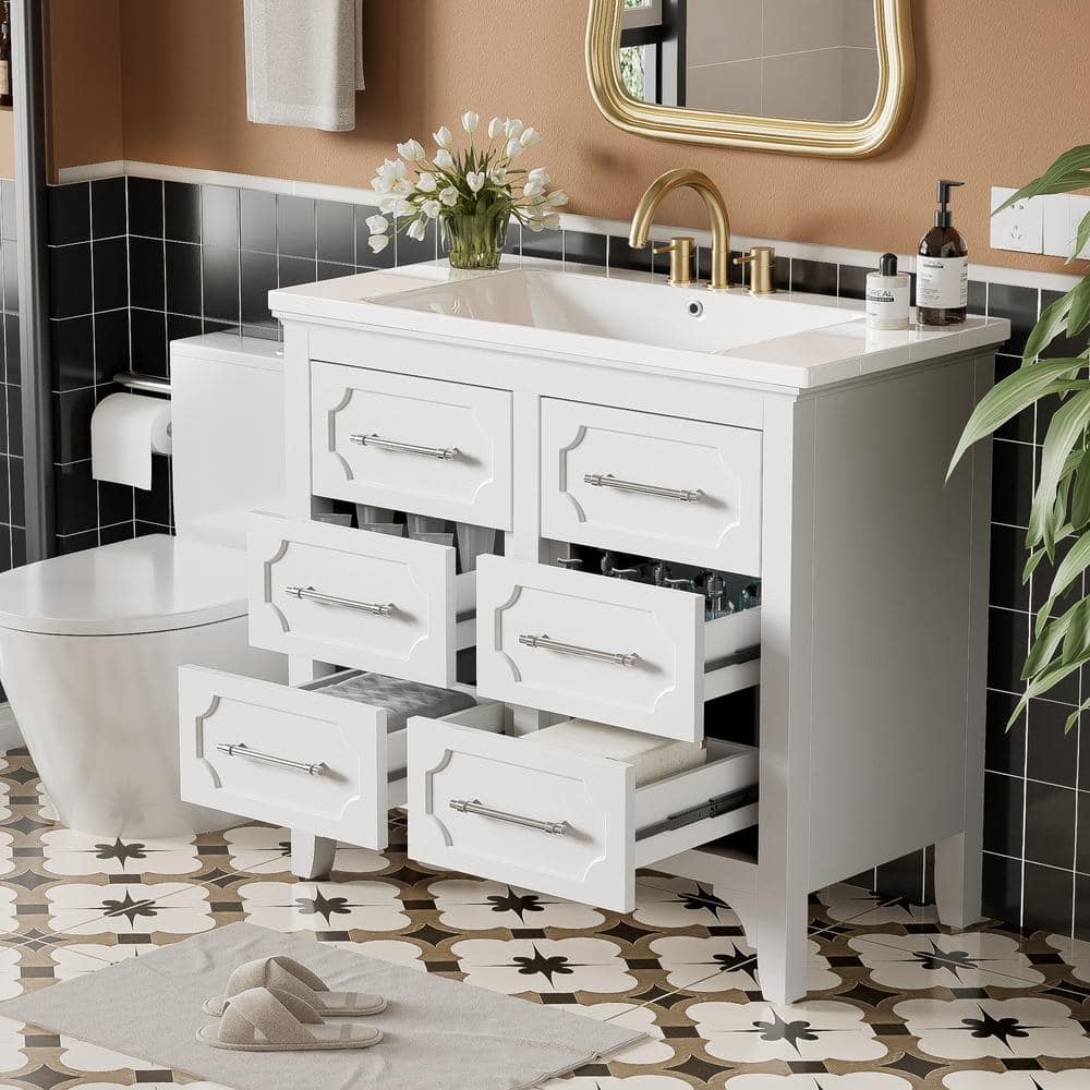 36 in. W x 18 in. D x 34 in. H Freestanding Bath Vanity in White with White