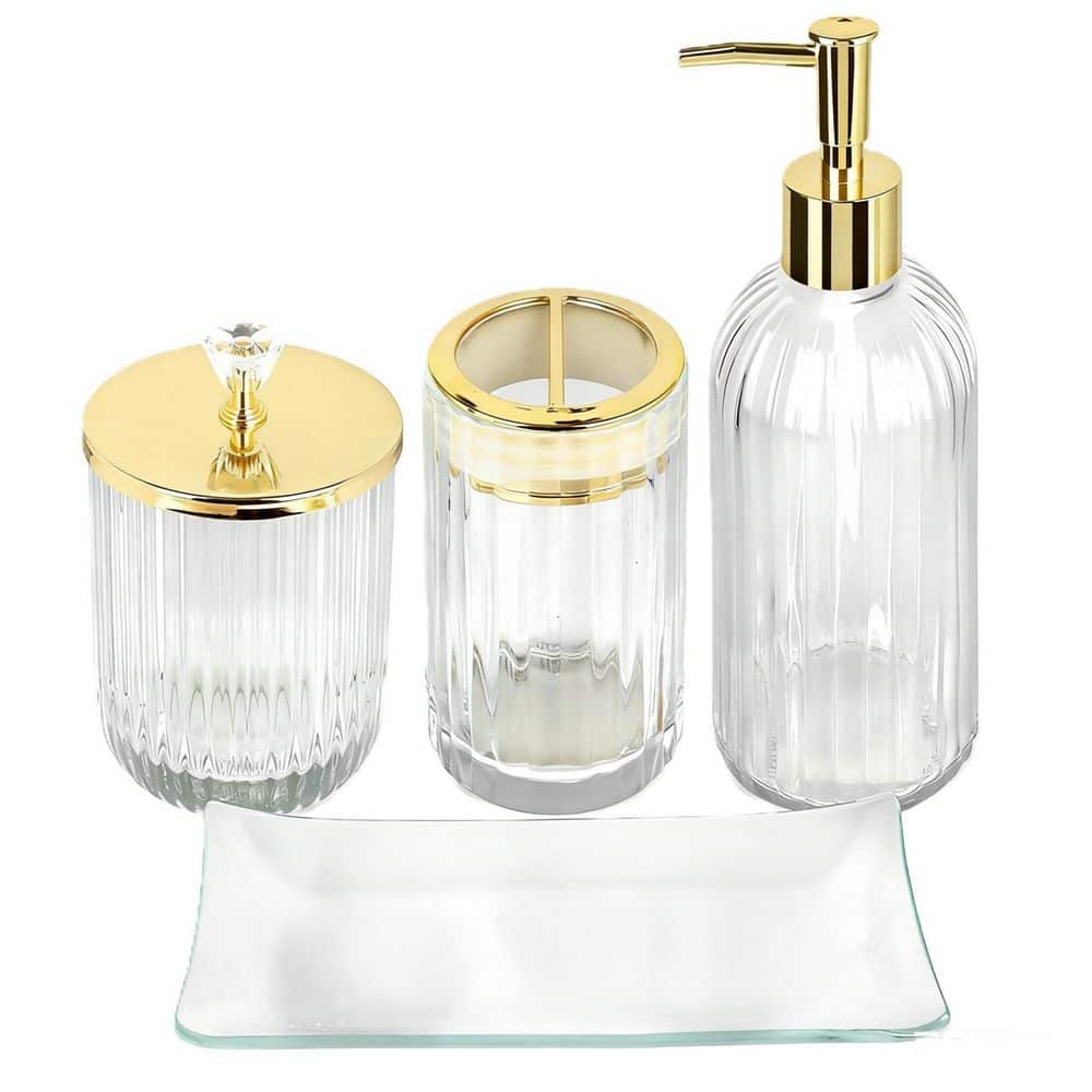 4-Piece Bathroom Accessory Set with Soap Dispenser, Toothbrush Holder, Vanity Tray and Apothecary Jar in Clear price history on PriceWatchPro