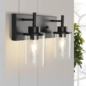 13.78 in. Modern 2-Light Black Color Bathroom Vanity Light with Cylinder Glass Shade