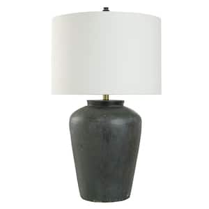 31 in. Distressed Black, White Urn Task and Reading Table Lamp for Living Room with White Linen Shade