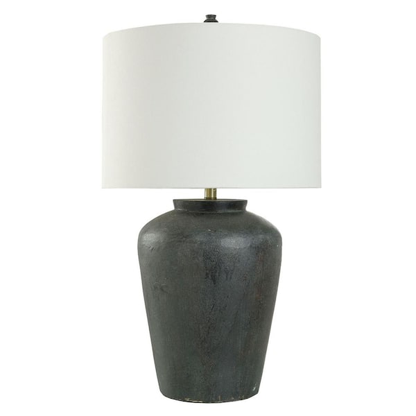 StyleCraft 31 in. Distressed Black, White Urn Task and Reading Table Lamp for Living Room with White Linen Shade