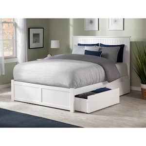Nantucket White Queen Solid Wood Storage Platform Bed with Flat Panel Foot Board and 2 Bed Drawers