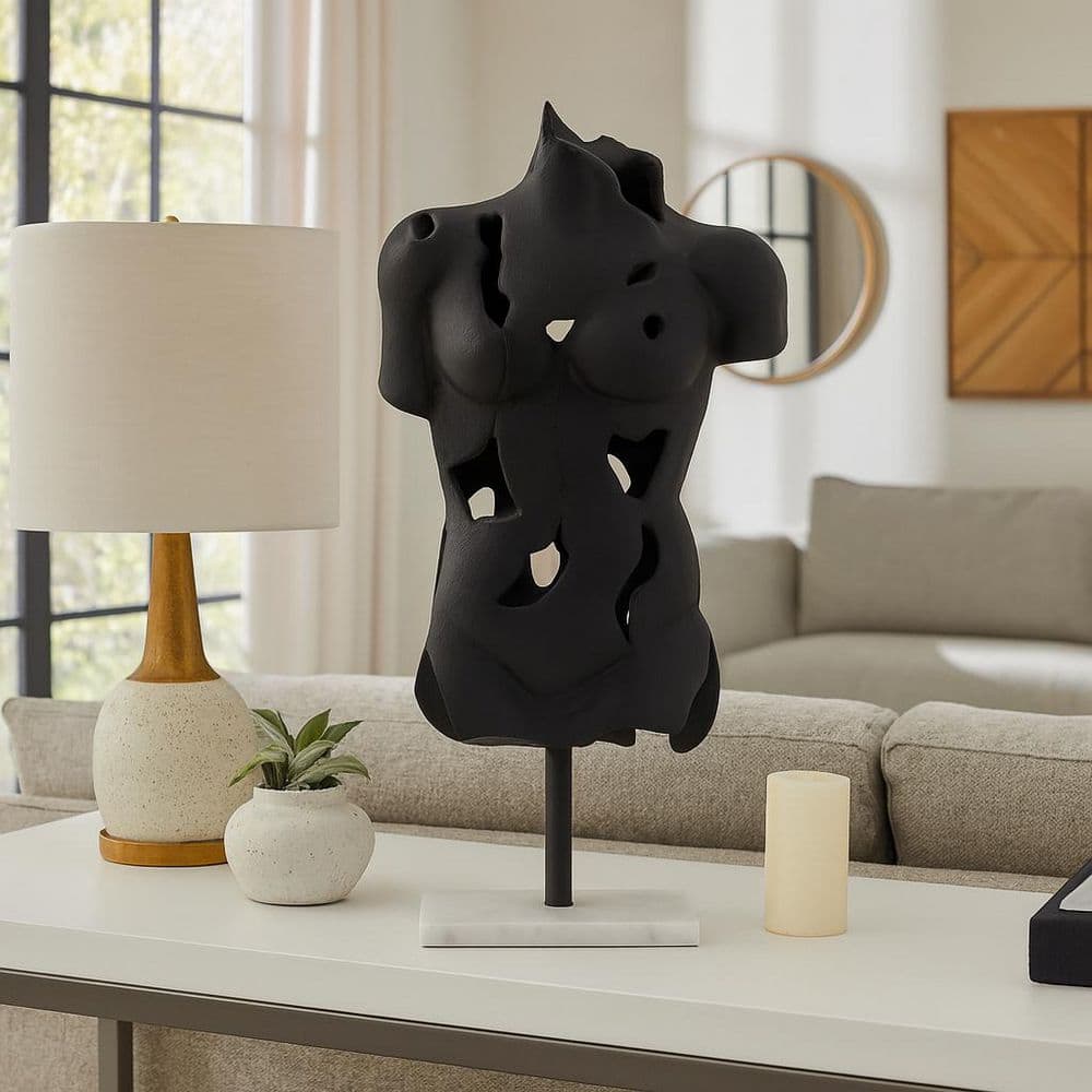 Black 11 in. x 23 in. Abstract Metal and Marble Cracked Bust On Stand Sculpture