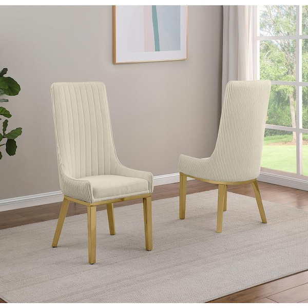 Best Quality Furniture Corina Cream Teddy Fabric Side Chair Set of 2 with Gold Stainless Steel Legs