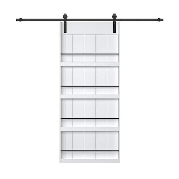 ARK DESIGN 36 in. x 84 in. White Primed Composite MDF Shelves Sliding Barn Door with Hardware Kit