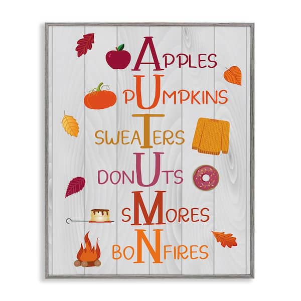 Stupell Industries Autumn Letters Seasonal Words by Linda Birtel Gray Framed Graphic Typography Art Print 24 in. x 30 in.