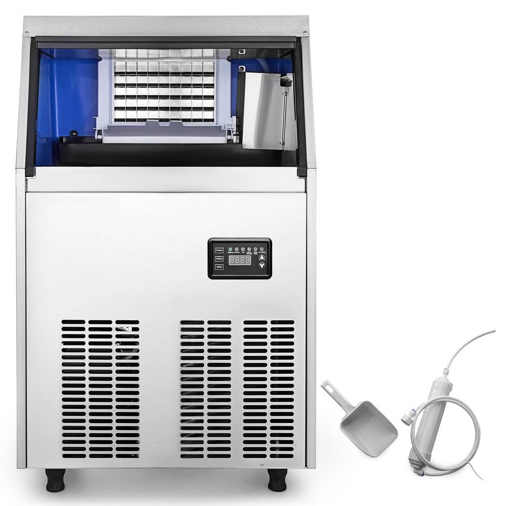 19 in. Commercial Ice Maker 120-130lb./24H 33lb. Bin Full Size Cubes Stainless Steel Automatic Operation Home Bar Silver