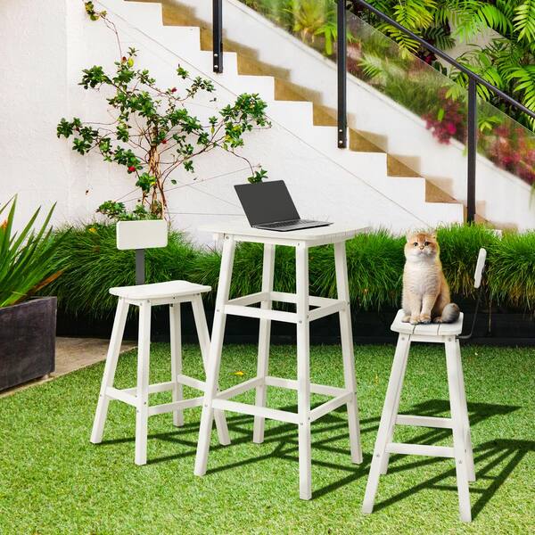 3-Piece Adirondack Bar Set - White HDPE Outdoor Bar Table And Chairs For Patio & Poolside