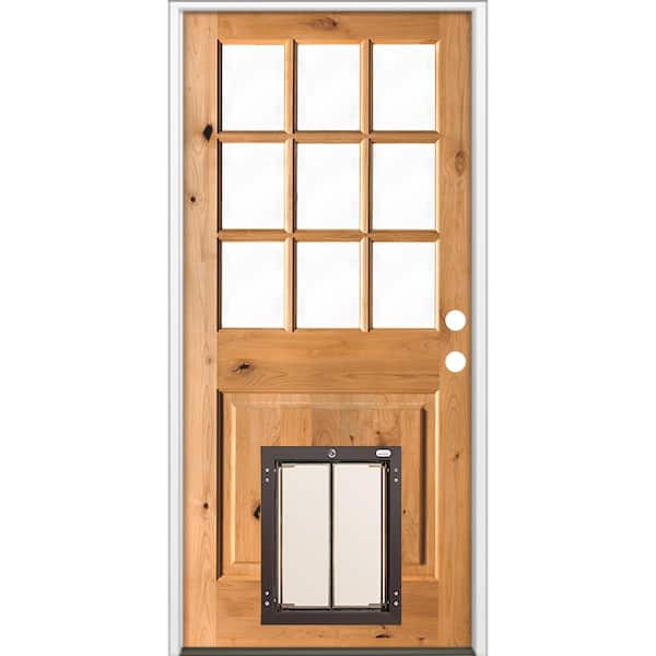 Krosswood Doors 36 in. x 80 in. Left-Hand 9 Lite Clear Glass Stained Wood Prehung Door with Large Dog Door