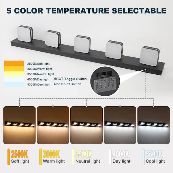 JUSHENG 40.55 in. 5 Light Black Bathroom LED Vanity Light with 5