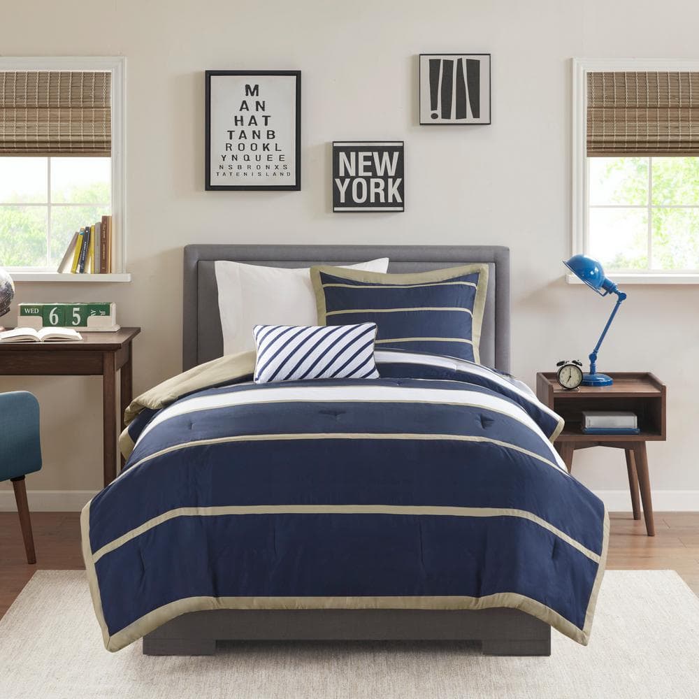 Navy and Khaki Twin Microfiber Comforter Set with Decorative Pillow