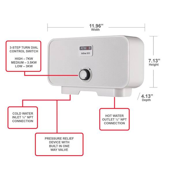 Atmor 18KW 3.73 GPM Residential Electric Tankless Water Heater Ideal for 1 Bedroom Home or Up to 3 Simultaneous Applications