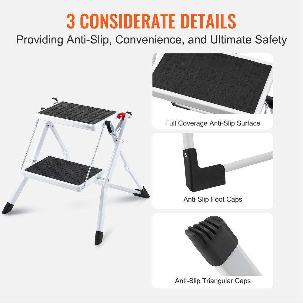 White Foldable 2-Step Steel Ladder with Anti-Slip Pedals