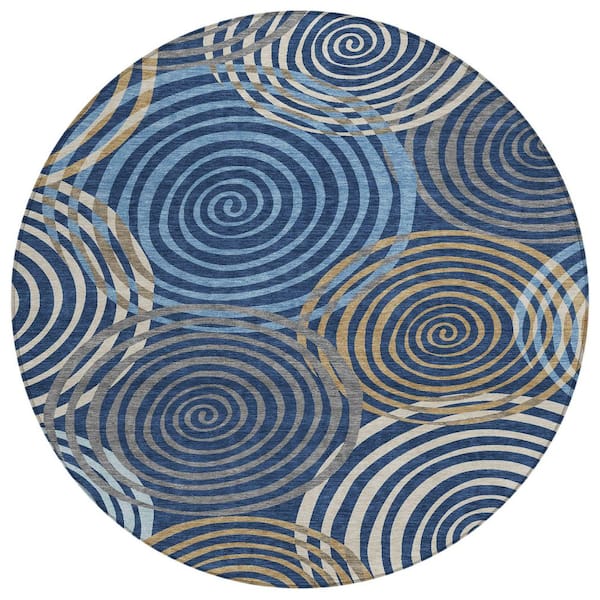Chantille Machine Washable Indoor/Outdoor Abstract ACN2435 Navy 8 ft. x 8 ft. Round Rug