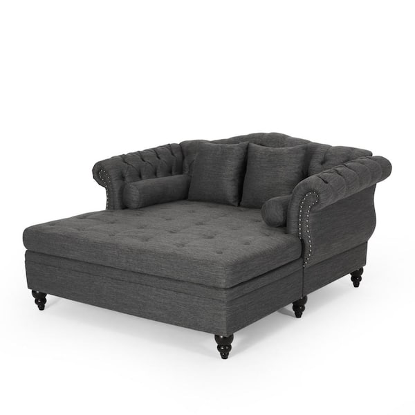 Noble House Sonne Dark Brown/Charcoal Polyester Tufted Double Chaise Lounge with Accent Pillows