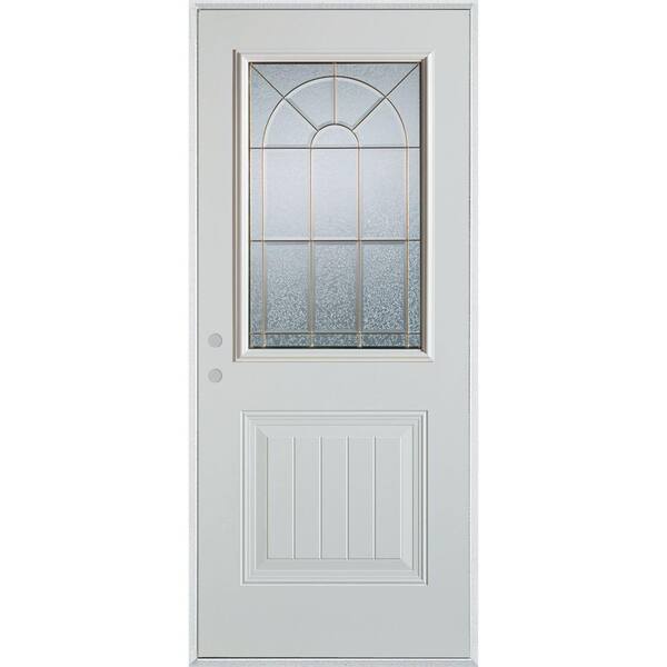 Stanley Doors 32 in. x 80 in. Geometric Brass 1/2 Lite 1-Panel Painted White Right-Hand Inswing Steel Prehung Front Door