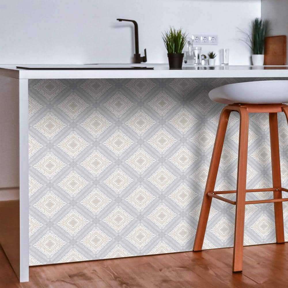 Grey and Beige Tribal Squares Peel and Stick Wallpaper Roll