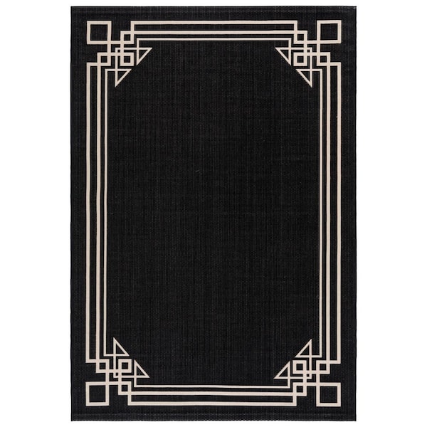 Courtyard Black/Light Beige 5 ft. x 8 ft. Solid Geometric Border Indoor/Outdoor Area Rug
