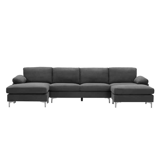 Z-joyee 128.3 in. Pillow Top Arms 4-Piece U-Shaped Polyester Blend Modern Sectional Sofa in Dark Gray