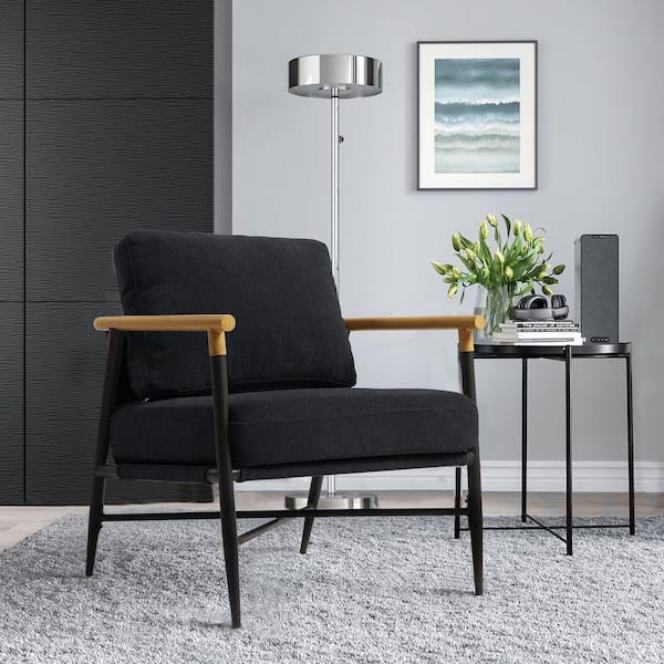 Mid-Century Modern Black Cotton Fabric Upholstery Arm Chair with Metal Base(Set of 1)