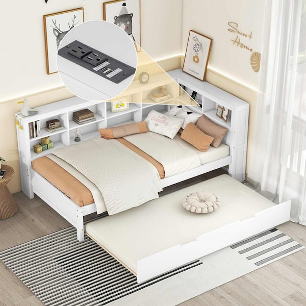 White Twin Daybed with Twin Size Trundle, Storage Shelf and USB Charging Ports