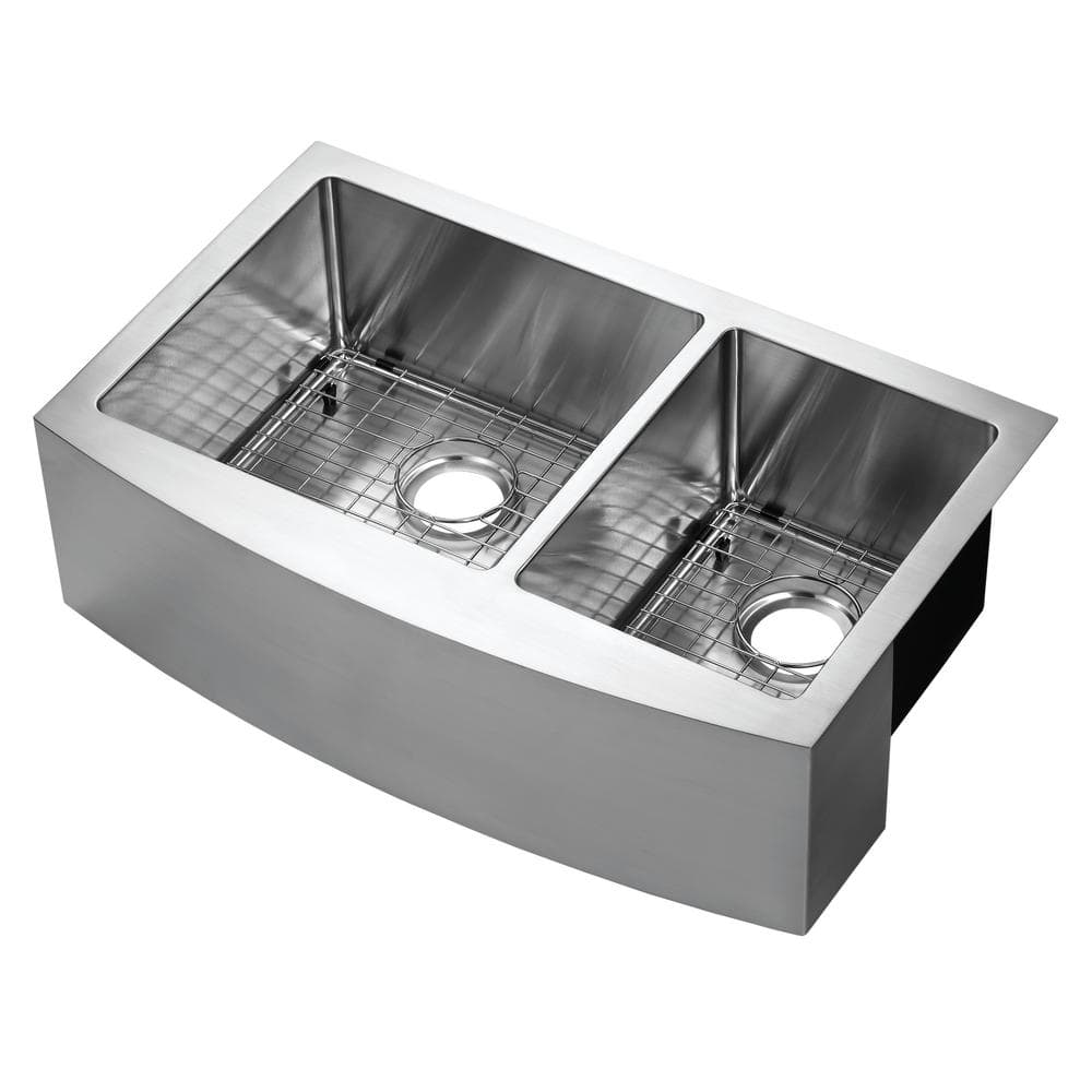 CMI Parketon Undermount Stainless Steel 30 in. 60/40 Double Bowl Curved Farmhouse Apron Front Kitchen Sink, Silver -  482-6809