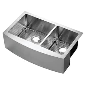 Parketon Undermount Stainless Steel 30 in. 60/40 Double Bowl Curved Farmhouse Apron Front Kitchen Sink