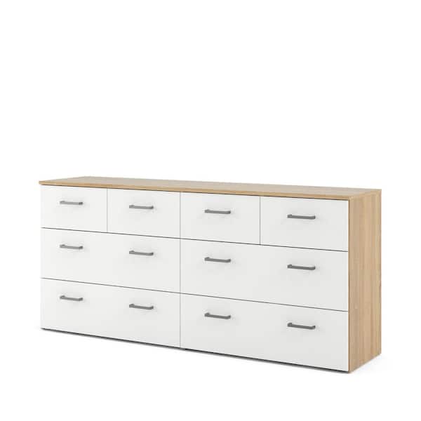 Space 8-Drawer Oak Structure/White Double Dresser 26.26 in. H x 57.91 in. W x 14.15 in. D