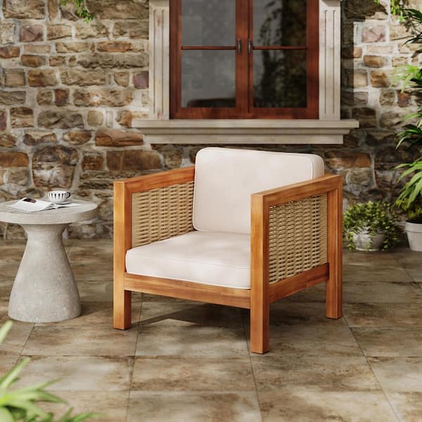 Outdoor Club Wood Chair with Wicker Armrest and Beige Cushions, 400 lbs. Capacity