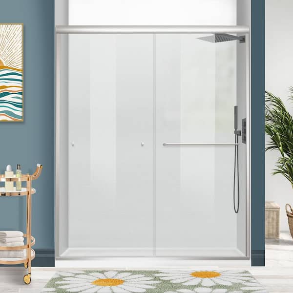 60 in. Wide x 72 in. Semi Frameless Double Sliding Corner Shower Room, The Shower Door Frame is Made of Brushed Nickel