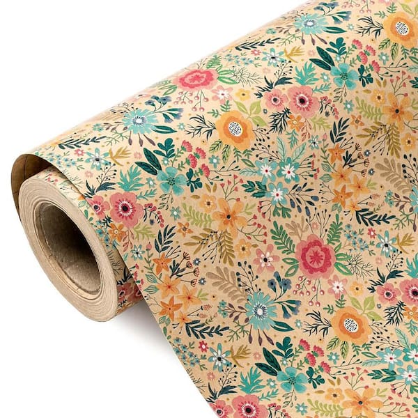 17 in. x 9.8 ft. Kraft Floral Wrapping Paper Roll Spring Summer Garden Flower Design for Wedding Birthday