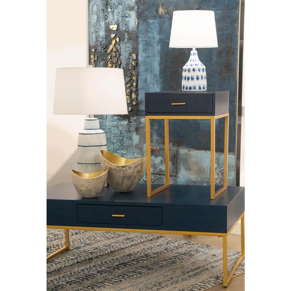 Sleek Navy and Gold Square Side Table with Storage Drawer