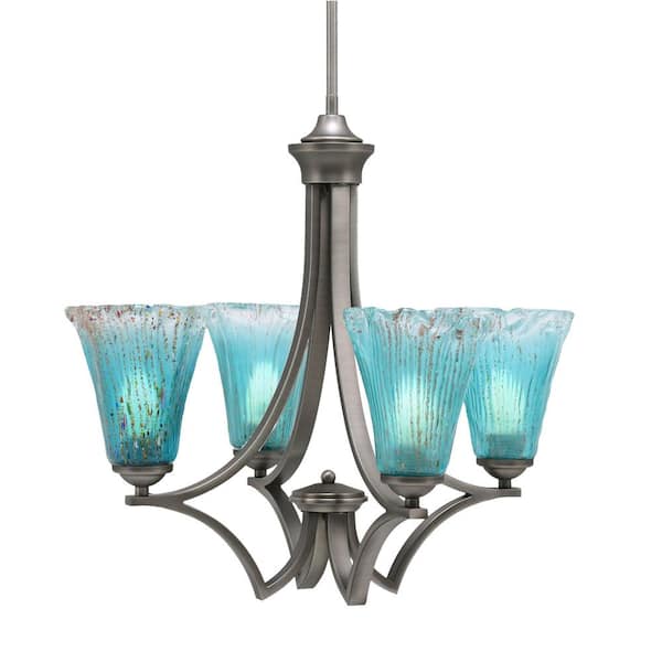 Unbranded Clevelend 4-Light Graphite Round Chandelier with 5.5 in. Fluted Teal Crystal Glass Shades, No bulbs included