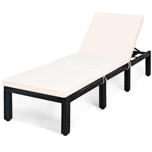 Reclining Wicker Outdoor Lounge Chair Patio Rattan Chaise Height Adjustable with White Cushion