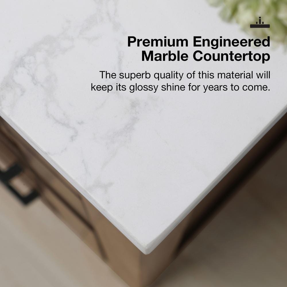 Espresso Double Sink Vanity with White Marble Top and Mirrors