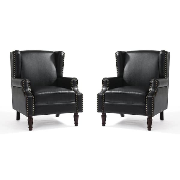 Black PU Leather Upholstered High Back Accent Arm Chair With Nailhead Trim (Set of 2)
