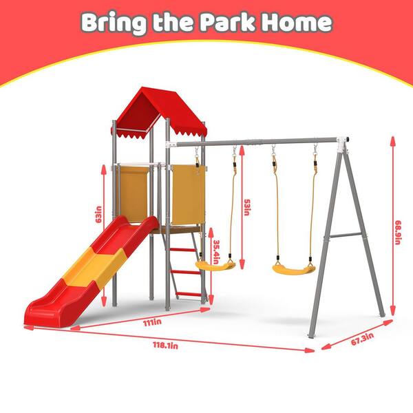 Orange Metal and Plastic Treehouse Swing Set with Slide, Belt