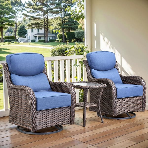 Arcadia Brown 3-Piece Wicker Swivel Rocker Patio Conversation Set with 6 in. Thick Navy Blue Cushions and Side Table