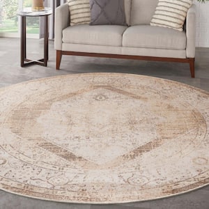 Astra Machine Washable Beige 5 ft. x 5 ft. Center medallion Traditional Round Area Rug