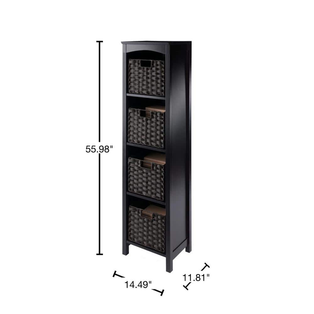 Espresso Solid Wood Terrace Storage Shelf with Chocolate Woven Baskets