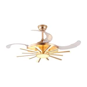 42 in. 12-Light Indoor Gold Smart Integrated LED Ceiling Fan, Modern Retractable Ceiling Fan with Remote for Living Room