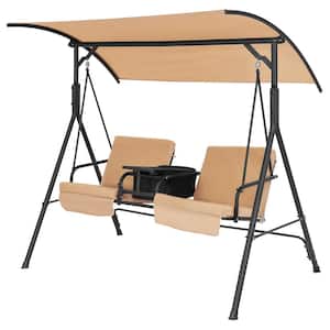 2-Person Metal Patio Swing with Adjustable Canopy, 360° Rotatable Tray Middle Table with Cup Holder in Brown