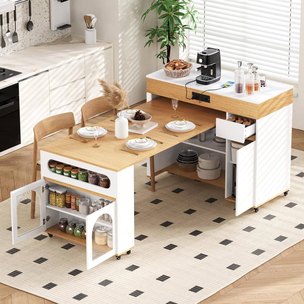 Natural and Creamy White Wood 73.29 in. W Casters Base Extendable Dining Table with Drawers and Power Outlet Seating 4