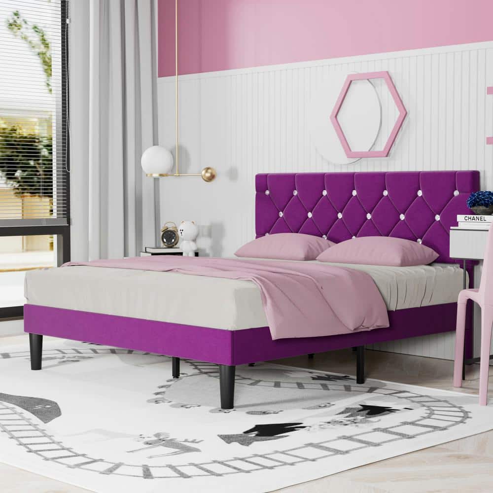 VECELO Upholstered Bed, Purple Metal Frame Queen Platform Bed with Wood