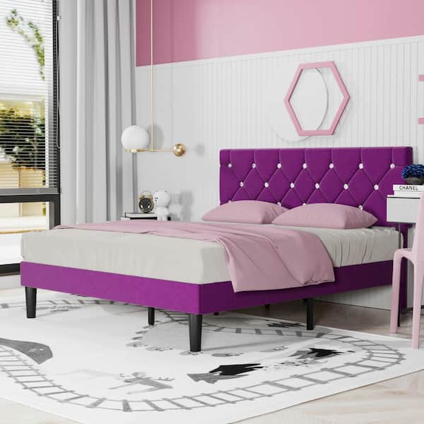 VECELO Upholstered Bed, Purple Metal Frame Queen Platform Bed with Wood Slat Support, No Box Spring Needed Bed Frame