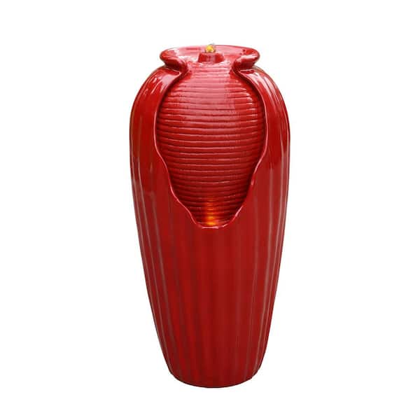 Teamson Home 32 in. Tall Outdoor Contemporary Glazed Urn Contoured Vase Water Fountain with LED Lights in Red